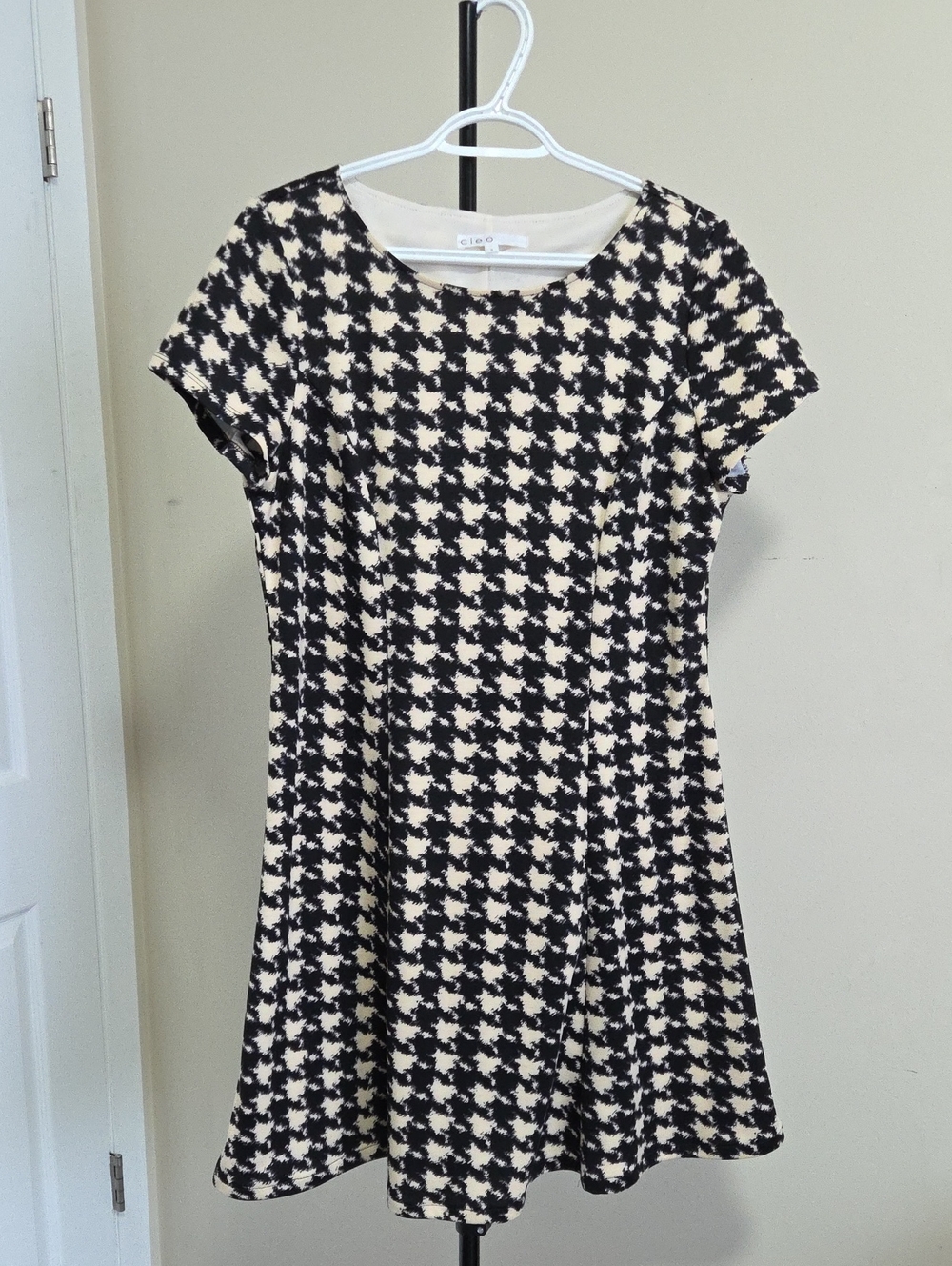 cleo Black and Cream Houndstooth Short-Sleeve A-Line Dress